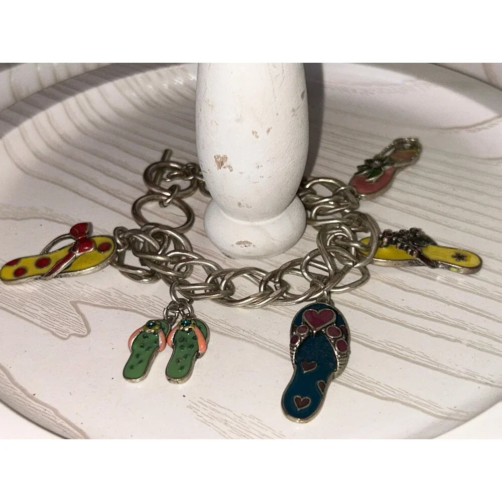 Vintage Charms Silver Bracelet Enamel Flip Flip Sandal Charms Colorful EUC